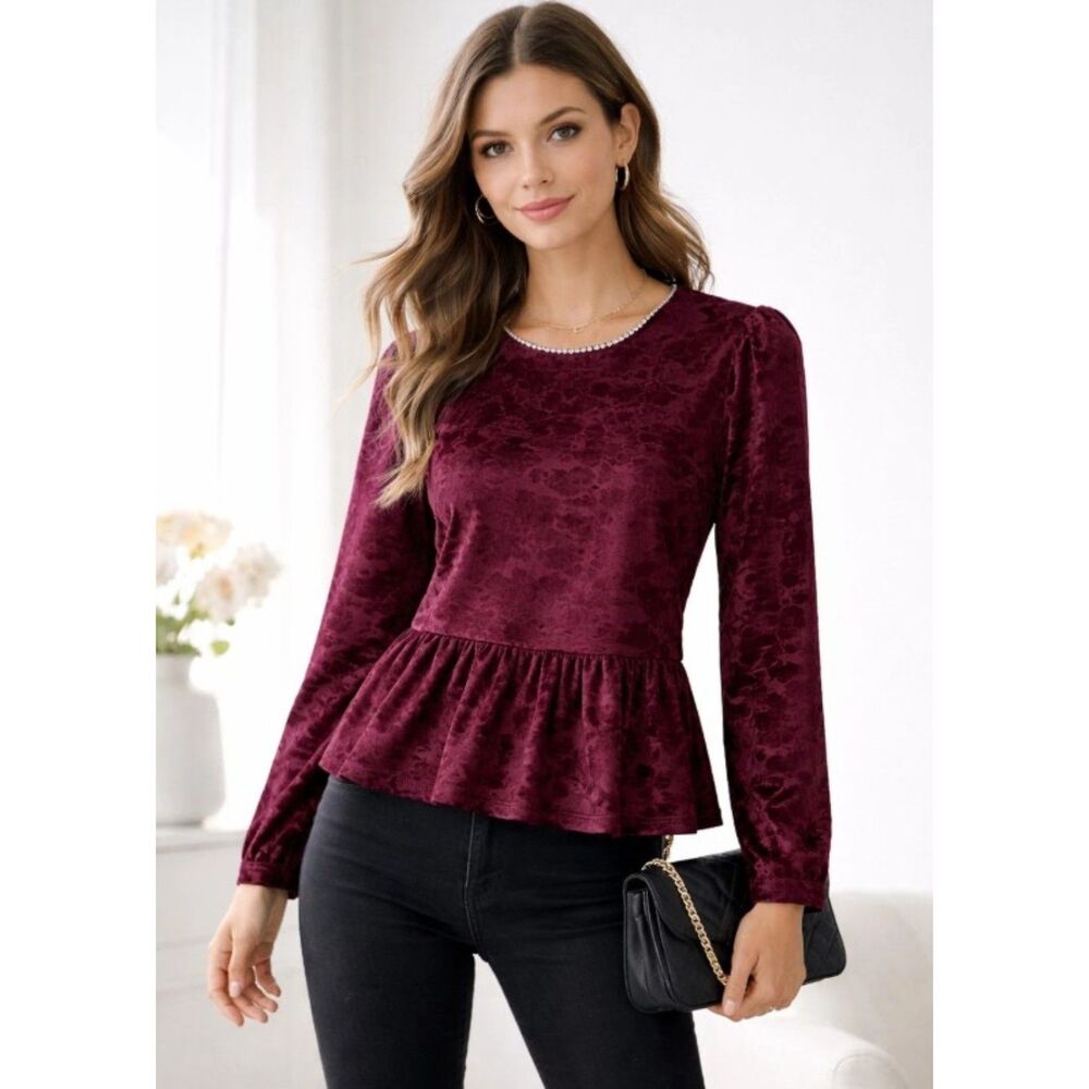 NWT Dark Wine Sz Small Burnout Velvet Rhinestone Neck Peplum Shirt CUPIO BLUSH